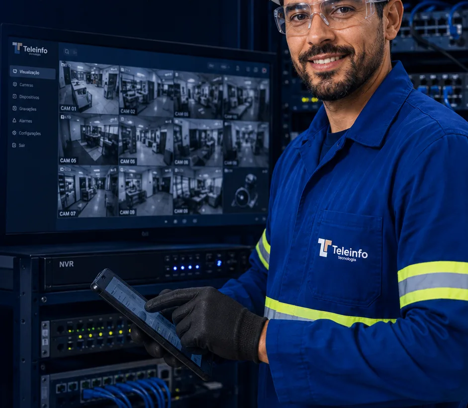 Técnico da Teleinfo verificando o monitoramento no rack